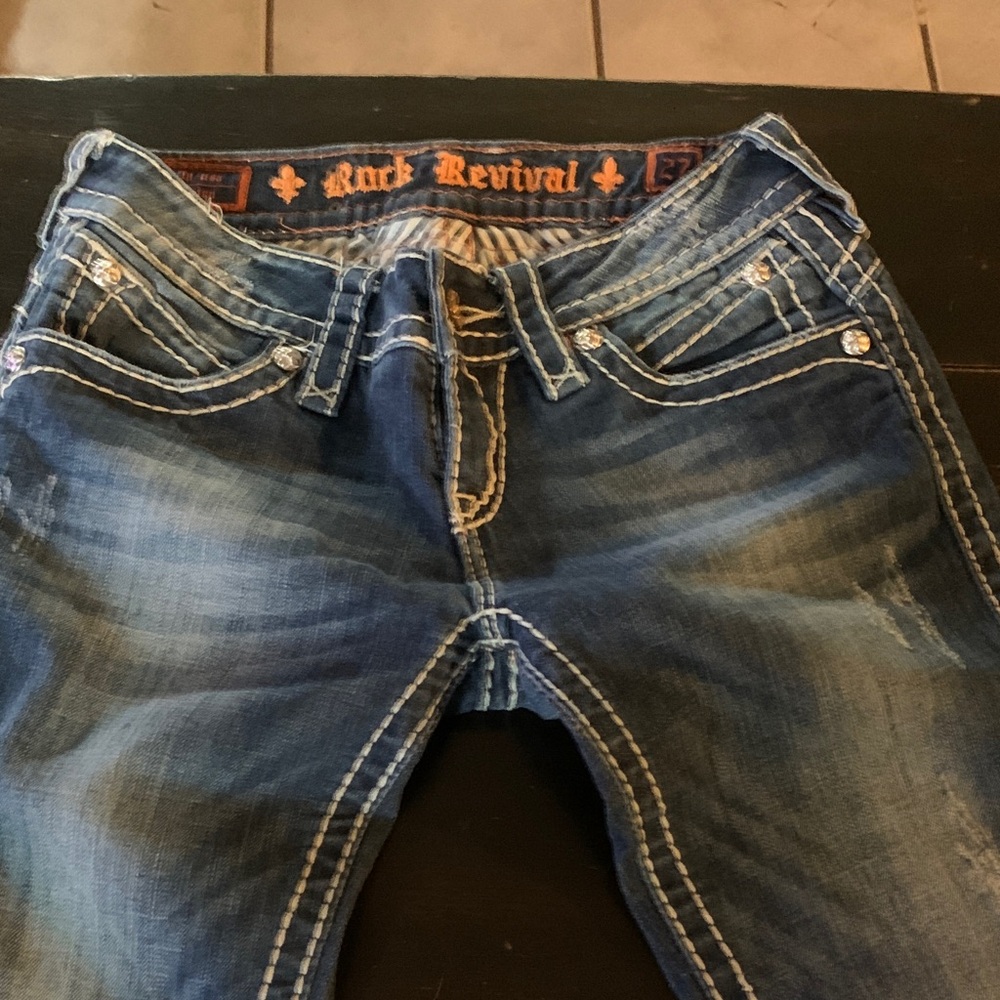 Rock Revival Distressed Denim with White Stitching